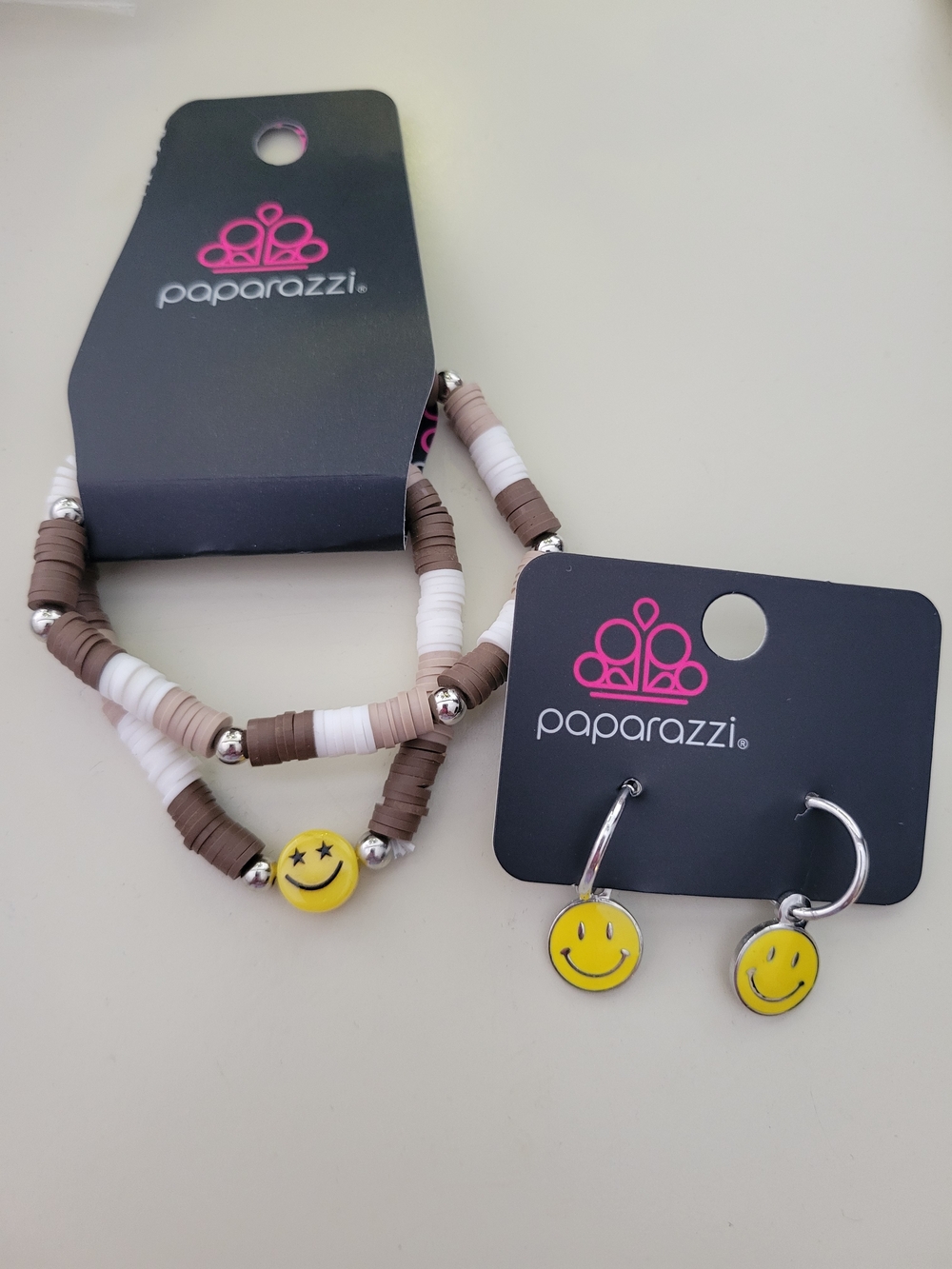Paparazzi Brown & White Smiley Bead Bracelet and Earring Set